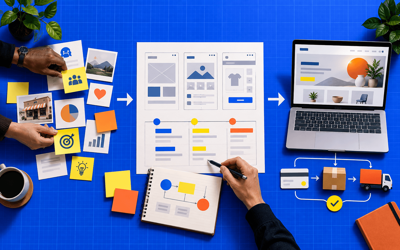 A three-stage business technology roadmap moving from discovery to website planning and online commerce