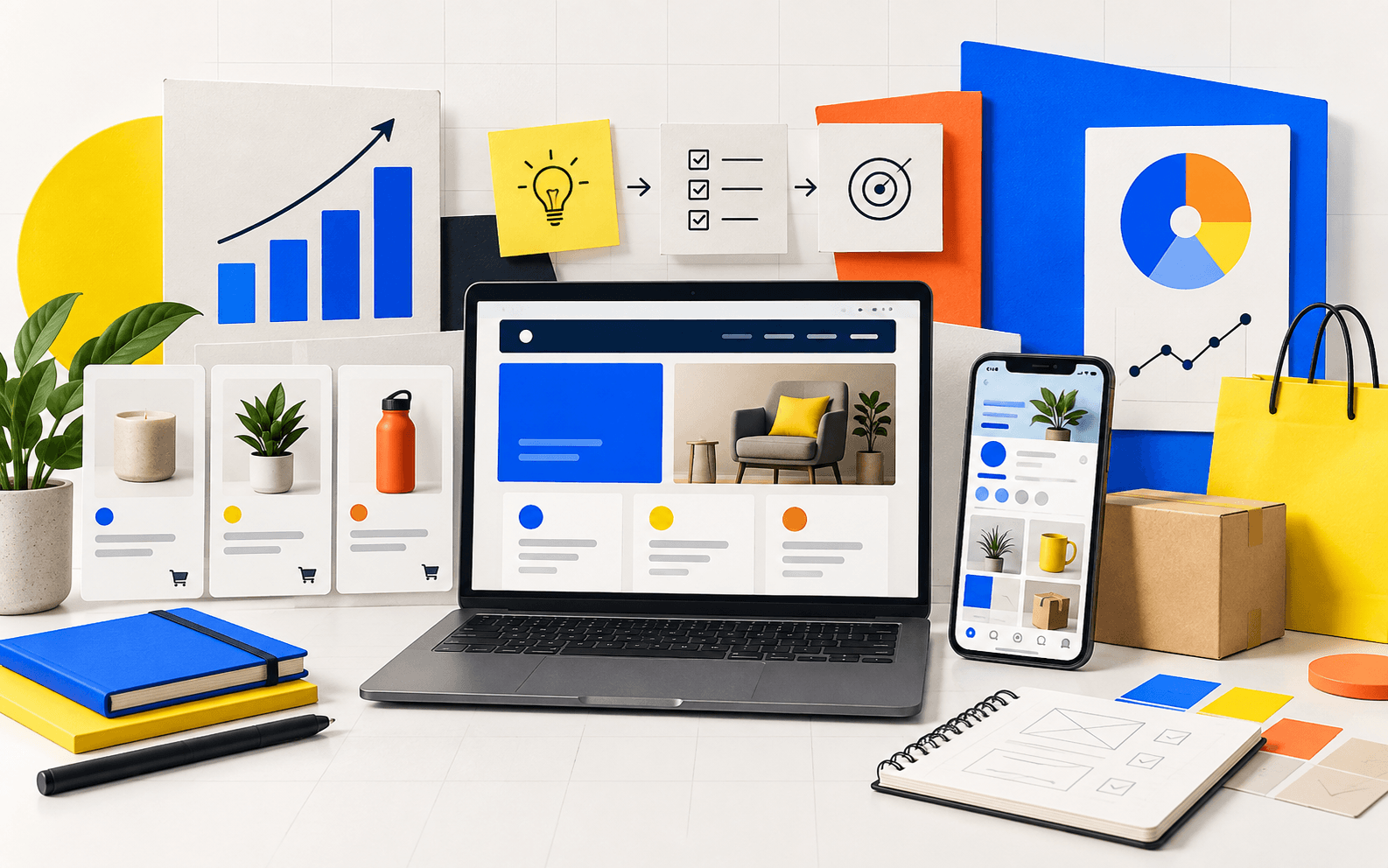 Website, social media, e-commerce and business planning tools arranged in a modern workspace