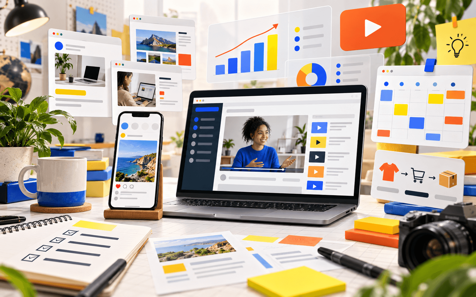 A digital learning workspace with website lessons, social content, analytics and e-commerce materials