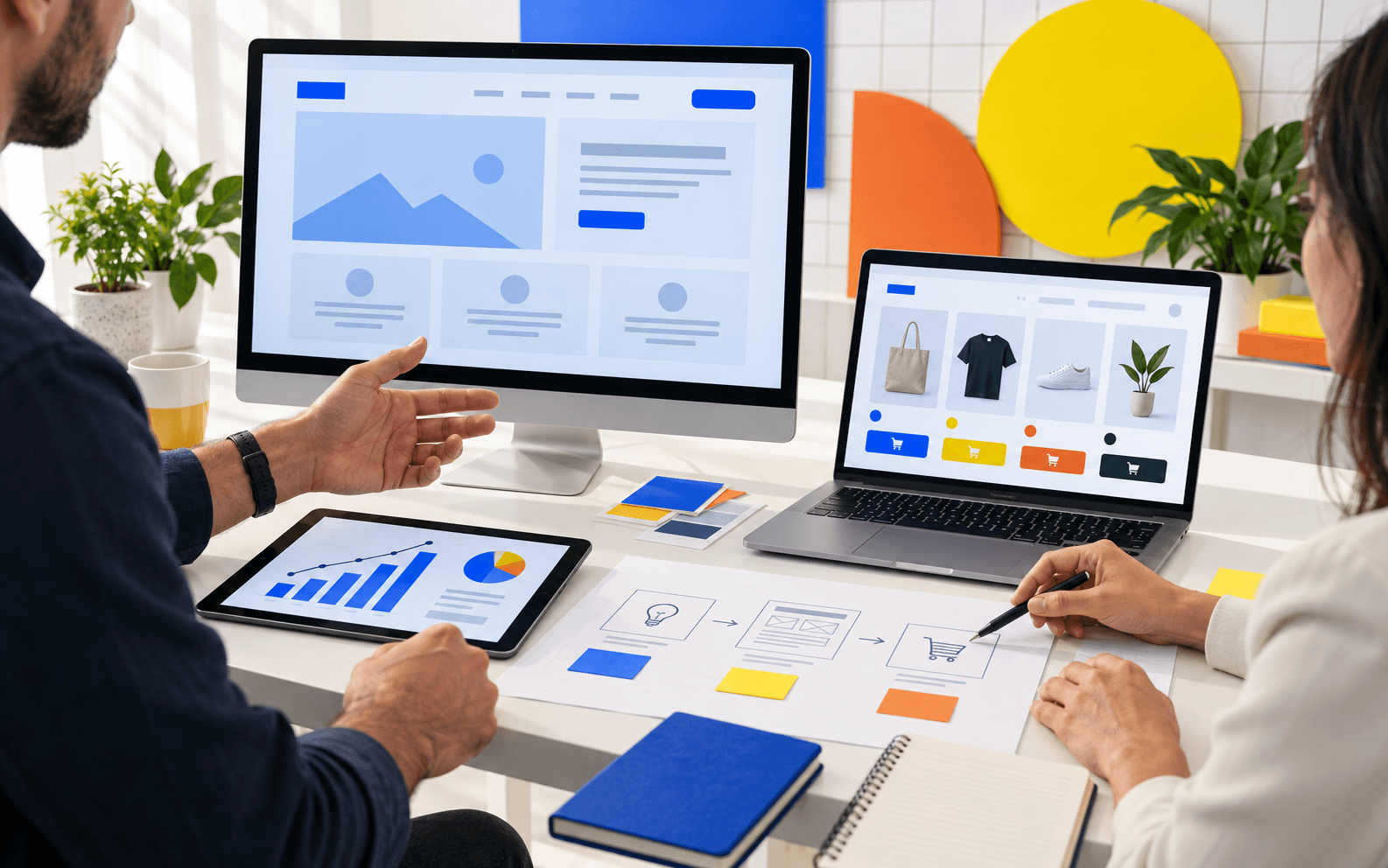 A technology consultant and business owner planning a website, online store and analytics workflow